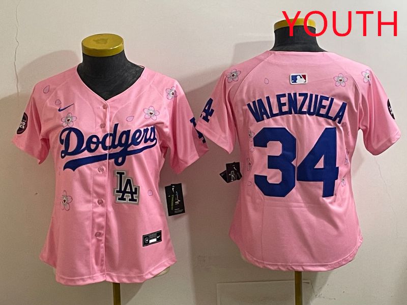 Youth Los Angeles Dodgers #34 Valenzuela Pink Sakura Edition 2025 Nike MLB Jersey style 41